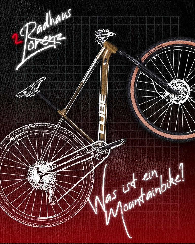 Stilisiertes Mountainbike auf rot-schwarzem Hintergrund