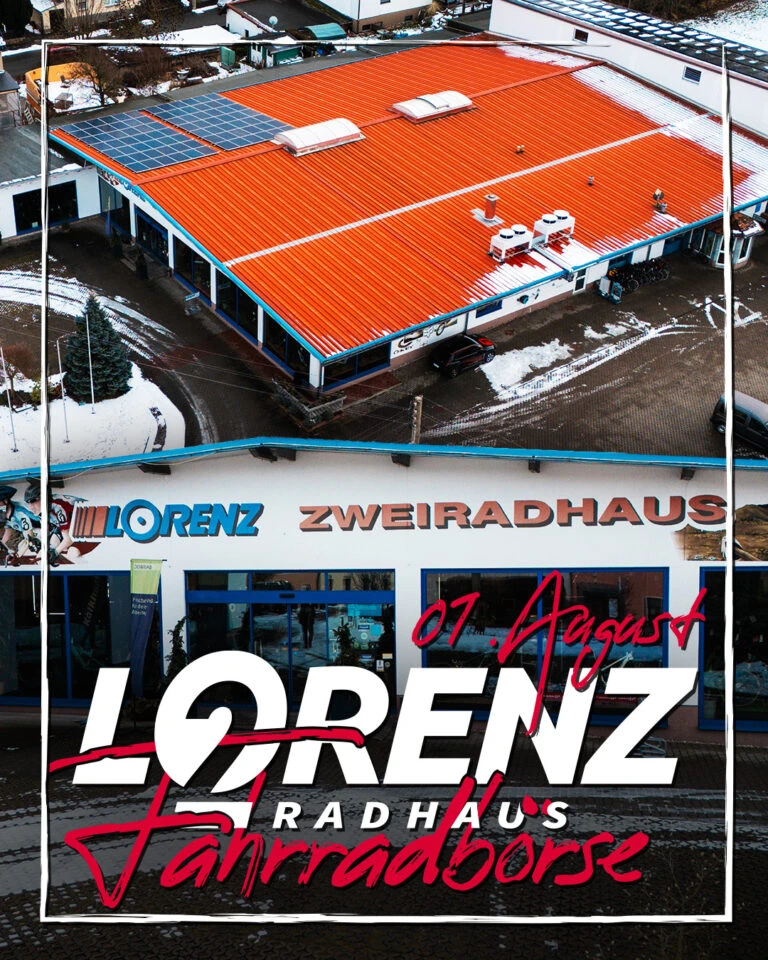 Luftaufnahme vom Zweiradhaus Lorenz Geschäft mit Hinweis zur Fahrradbörse. text Termin für Fahrradbörse am 01. August 2026