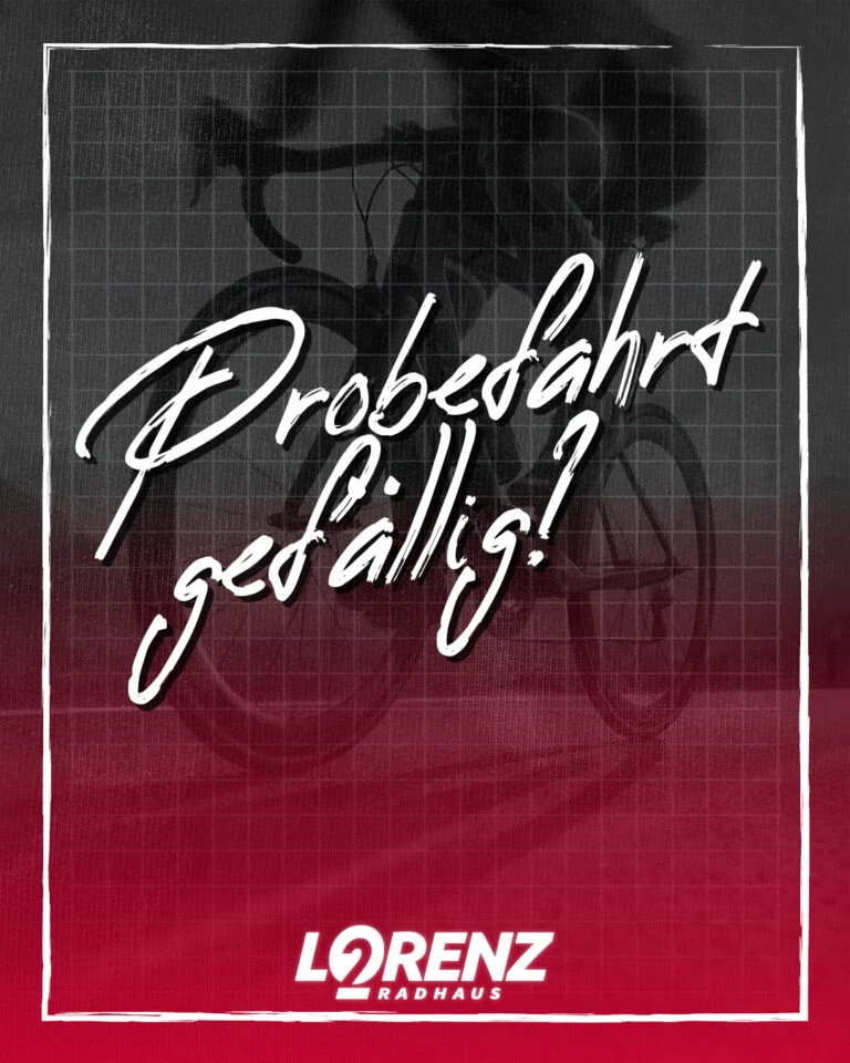 Probefahrt gefällig, weiße Schrift auf schwarz-rotem Hintergrund