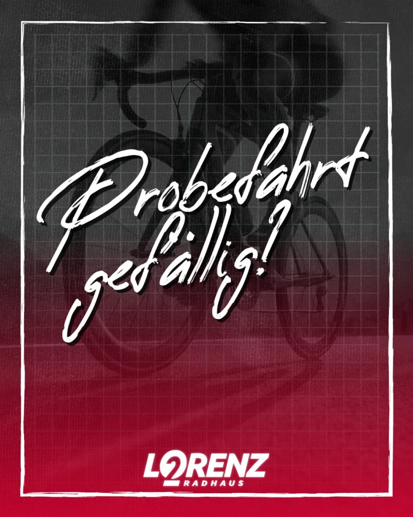 Probefahrt gefällig, weiße Schrift auf schwarz-rotem Hintergrund