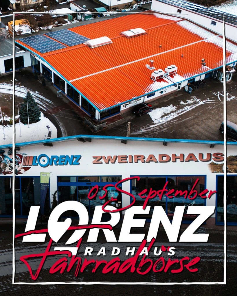 Luftaufnahme vom Zweiradhaus Lorenz Geschäft mit Hinweis zur Fahrradbörse. text Termin für Fahrradbörse am 05. September 2026