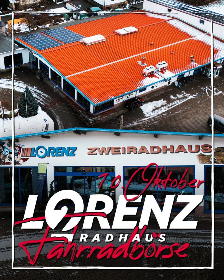 Luftaufnahme vom Zweiradhaus Lorenz Geschäft mit Hinweis zur Fahrradbörse. text Termin für Fahrradbörse am 10. Oktober 2026