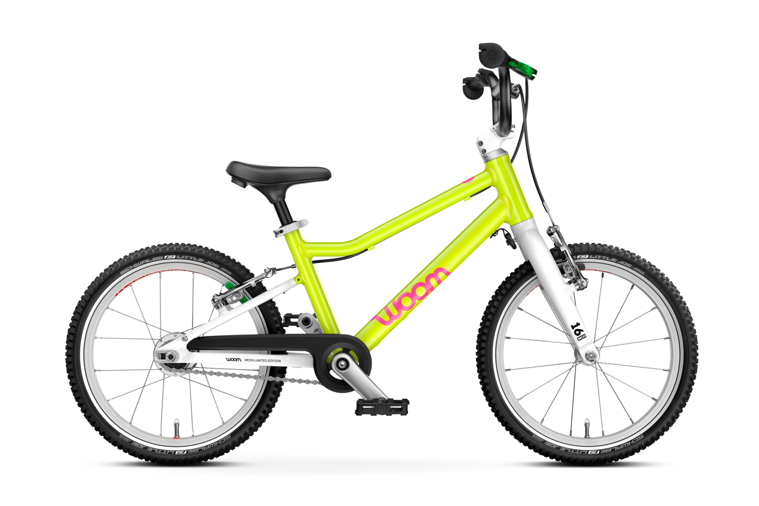 neon-grünes Kinderrad von Woom mit pinkem Logo